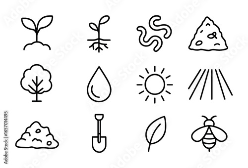 Regenerative Agriculture Icons. Outline icon set of regenerative agriculture: plant sprout, root system,