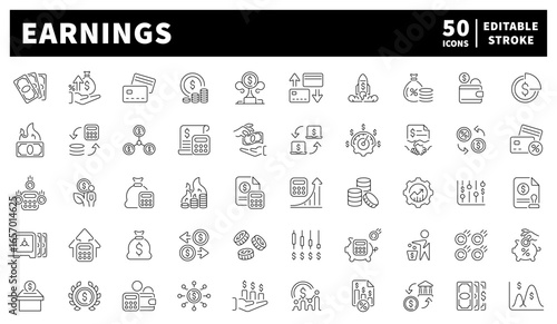 Earnings vector icons in line style. Earnings related icons set.