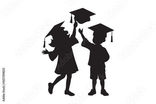 Two children in graduation gowns and caps celebrating their achievement