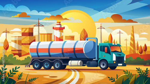 
Tank truck transports chemical product, liquefied gas, dangerous cargo. Beautiful summer sunny nature. Copy space for text