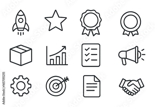 Product Launch Icons. Outline icon set of product launch strategy: rocket, star, ribbon, badge, product box,
