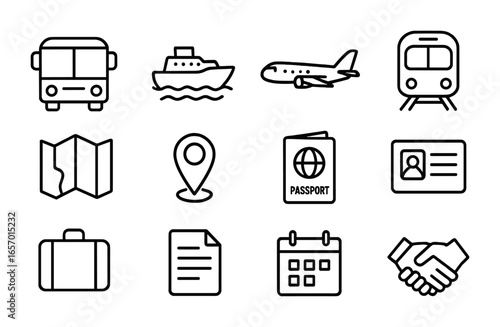 Refugee Logistics Icons. Outline icon set of refugee relocation logistics: bus, boat, airplane, train, map,