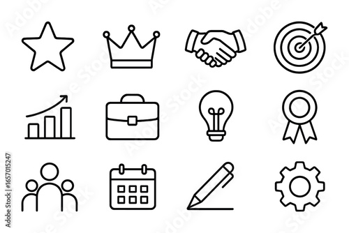 Leadership Icon Set. Outline icon set of leadership motivation: star, crown, handshake, target, chart,