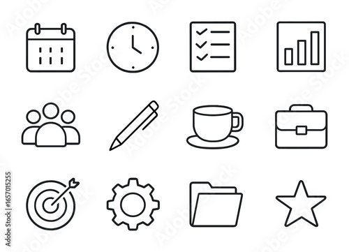 Meeting Icons Grid. Outline icon set of meeting productivity: calendar, clock, checklist, chart, group, pen,