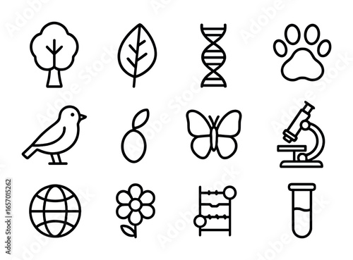 Forest Genetics Icons. Outline icon set of forest ecosystem genetics: tree, leaf, DNA strand, paw print, bird,