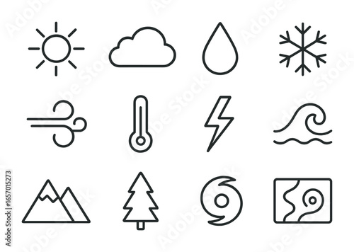 Weather Icon Grid. Outline icon set of how weather patterns are formed: sun, cloud, raindrop, snowflake, wind