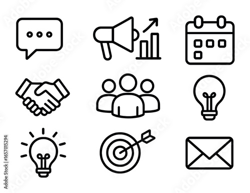 Marketing Skills Icons. Outline icon set of communication skills in marketing: speech bubble, megaphone, chart