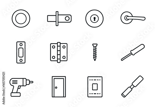 Door Handle Icon Set. Outline icon set of interior door handle replacement: knob, latch, lock, lever handle,