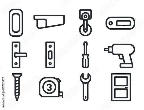 Sliding Door Hardware Icons. Outline icon set of sliding door hardware: sliding handle, track, roller, latch,