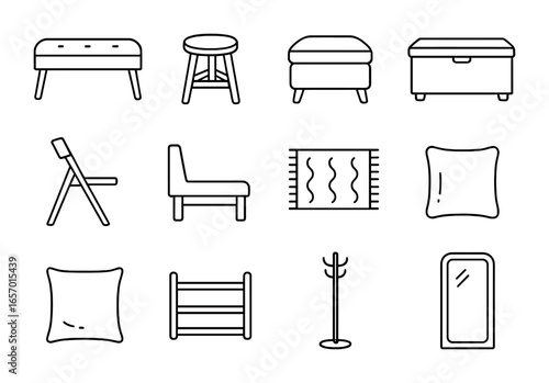 Entryway Seating Icons. Outline icon set of entryway seating options: upholstered bench, wooden stool, ottoman
