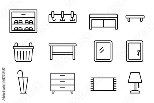 Entryway Storage Icons. Outline icon set of entryway storage ideas: shoe cabinet, coat hooks, storage bench,