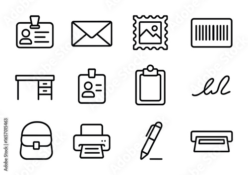 Mail Clerk Icons. Outline icon set of mail clerk badge: ID card, envelope, postage stamp, barcode, office desk