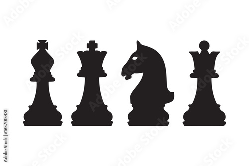 Silhouette of chess pieces bishop queen knight and queen