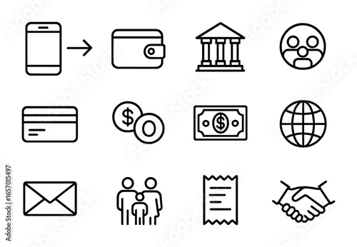 Money Transfer Icons. Outline icon set of sending money to relatives: smartphone, transfer arrow, wallet, bank