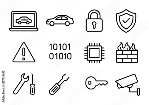 Car Cybersecurity Icons. Outline icon set of preventing car hacking: laptop, car, padlock, shield, alert icon,