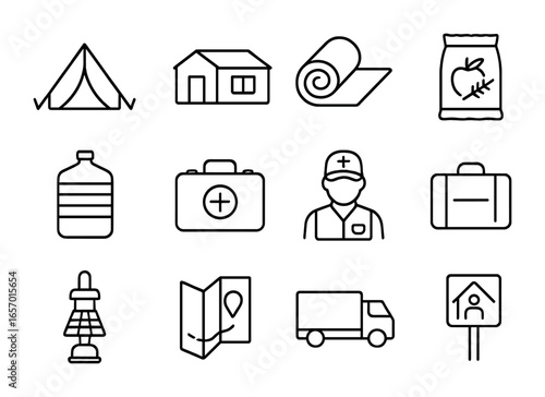 Temporary Housing Icons. Outline icon set of temporary housing for displaced persons: tent, prefab house,