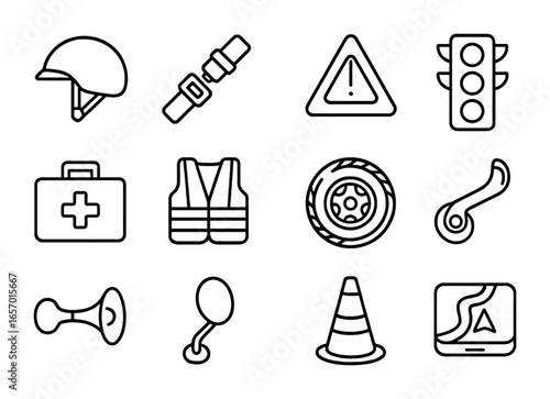 Tuk-Tuk Safety Icons. Outline icon set of tuk-tuk ride safety: helmet, seat belt, warning sign, traffic light,