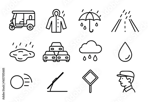 Monsoon Tuk-Tuk Icons. Outline icon set of tuk-tuk in monsoon season: tuk-tuk, raincoat, umbrella, wet road,