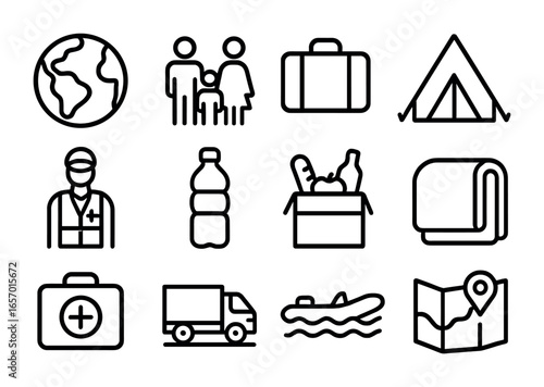 Climate Disaster Protection Icons. Outline icon set of protecting vulnerable populations in climate disasters: