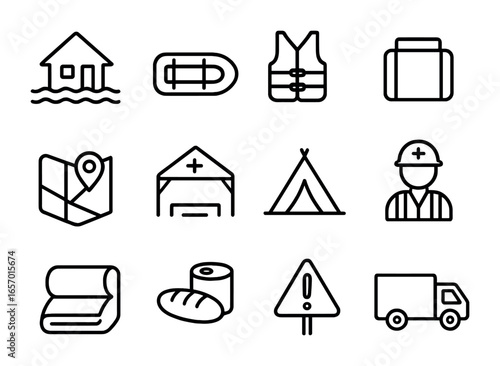 Flood Evacuation Icons. Outline icon set of flood evacuation: flooded house, rescue boat, life vest, suitcase,