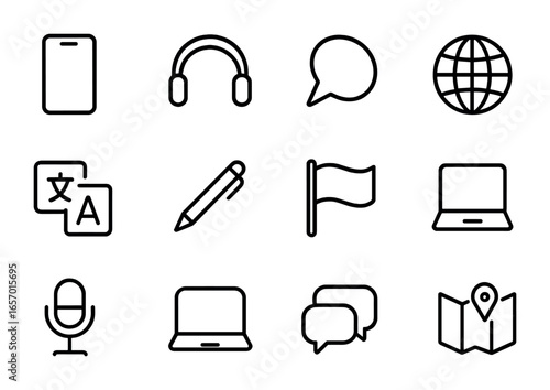 Translation Tech Icons. Outline icon set of technology for translation: smartphone, headphones, speech bubble,