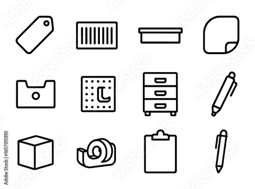 Hardware Store Icons. Outline icon set of hardware store shelf labeling: price tag, barcode, shelf strip,