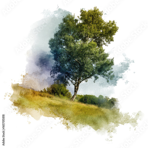 Lone tree on hill, watercolor effect, misty mountains, nature photography, website header