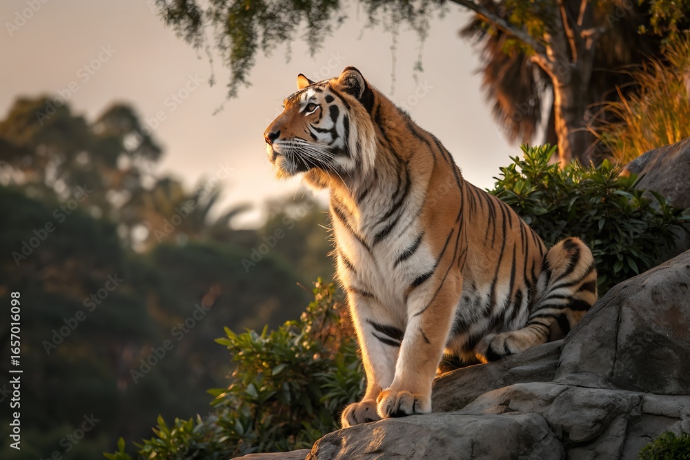 Fototapeta premium Majestic tiger stands proudly on rocky outcrop bathed in golden hour sunlight