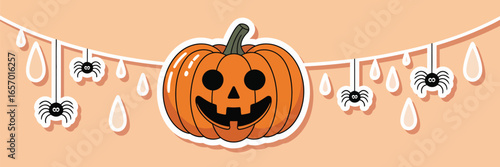 A halloween garland with a pumpkin spiders and teardrop shapes on a pastel orange colored background