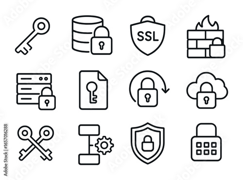 Bank Encryption Icons. Outline icon set of bank data encryption: encryption key, secure database, SSL lock,