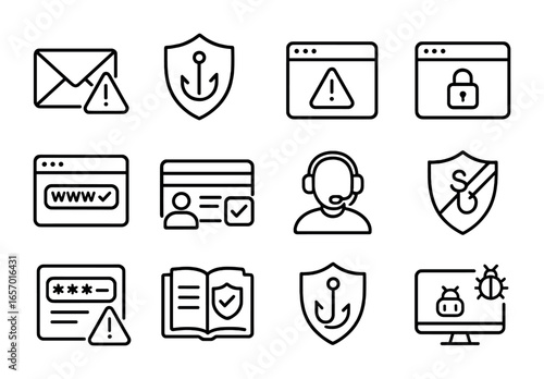 Phishing Protection Icons. Outline icon set of phishing protection for banking: email alert, suspicious link
