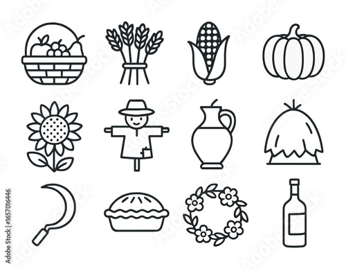 Harvest Celebration Icons. Outline icon set of harvest celebrations: basket of fruits, wheat bundle, corn,