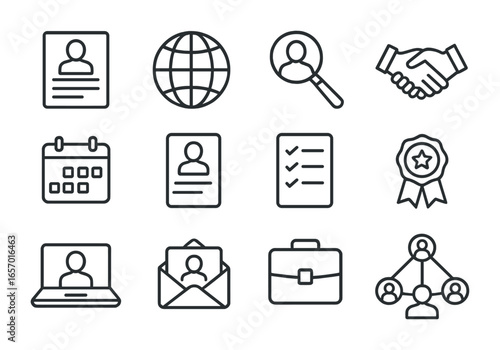 Talent Acquisition Icons. Outline icon set of talent acquisition worldwide: resume, globe, magnifying glass,