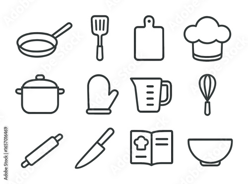 Cooking Icon Grid. Outline icon set of cooking as a leisure activity: frying pan, spatula, cutting board, chef
