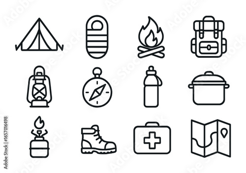 Camping Essentials Icons. Outline icon set of camping for leisure: tent, sleeping bag, campfire, backpack,