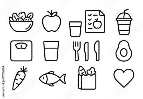 Nutrition Icons Set. Outline icon set of tailored nutrition guides: salad bowl, apple, meal plan, smoothie cup
