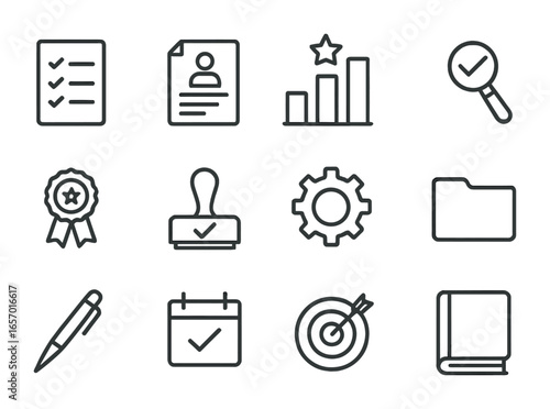 Performance Icons Set. Outline icon set of performance evaluation procedures: checklist, document, bar chart,