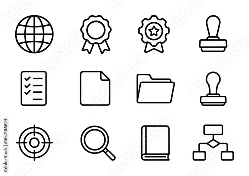 ISO SOP Icons. Outline icon set of ISO standard SOP: globe, ribbon, badge, gear, checklist, document, folder,