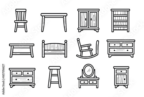 Wooden Furniture Icons. Outline icon set of hand-painted wooden furniture: chair, table, wardrobe, bookshelf,
