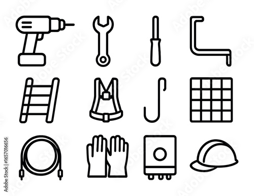 Solar Installation Tools. Outline icon set of solar installation tools: drill, wrench, screwdriver, mounting