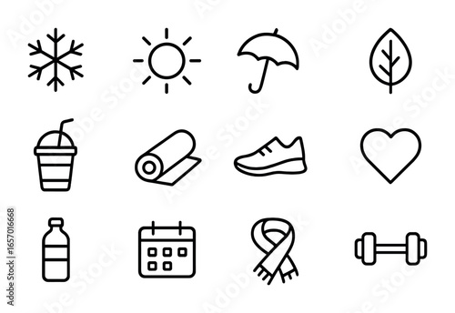 Seasonal Wellness Icons. Outline icon set of seasonal wellness programs: snowflake, sun, umbrella, leaf,