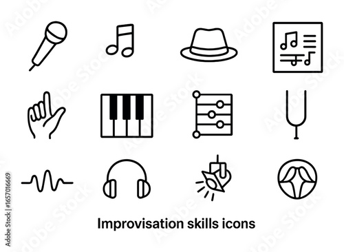 Improv Skills Icons. Outline icon set of improvisation skills: microphone, music note, jazz hat, sheet music,