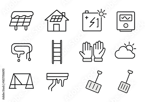 Winter Solar Roof Icons. Outline icon set of winter solar roofs: snow-covered panel, rooftop, battery,