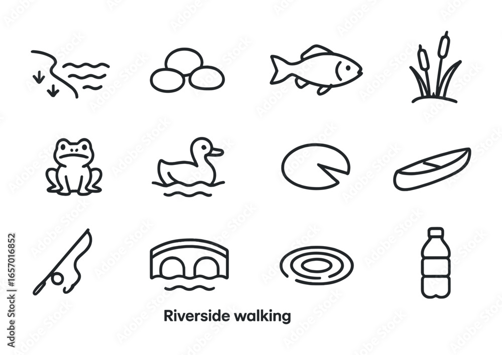 Naklejka premium Riverside Icon Set. Outline icon set of riverside walking: riverbank, stones, fish, reeds, frog, duck, lily