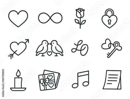 Romantic Symbol Icons. Outline icon set of romantic symbols: heart, infinity loop, wedding rings, red rose,