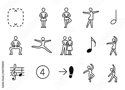 Ballet Choreography Icons. Outline icon set of ballet choreography symbols: floor patterns, position diagrams,