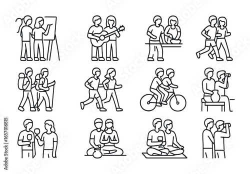 Couple Hobby Icons. Outline icon set of couple hobbies: painting together, playing guitar, baking, hiking,