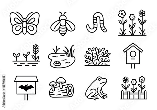 Farm Biodiversity Icons. Outline icon set of farm biodiversity: butterfly, bee, earthworm, wildflower patch,