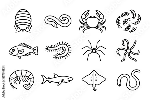 Deep-Sea Scavenger Icons. Outline icon set of scavengers in the deep: giant isopod, hagfish, deep-sea crab,