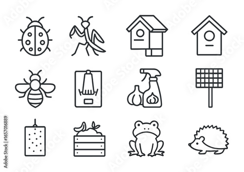 Urban Pest Control Icons. Outline icon set of natural pest control in cities: ladybug, praying mantis, bat box